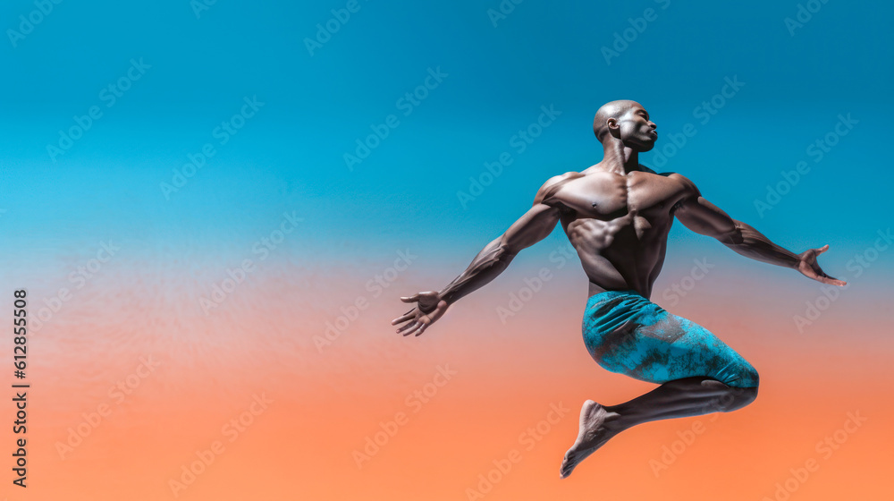 Athletic man jumping in dynamic pose, midair, floating, dance, shirtless, blue and orange gradient background, copyspace. Generative AI