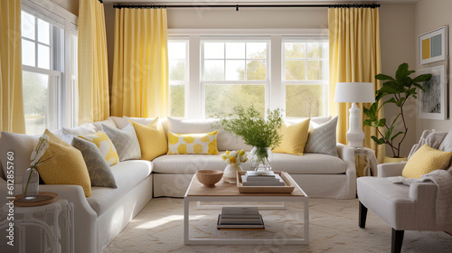 Living room with soft pillows with white and yellow interior