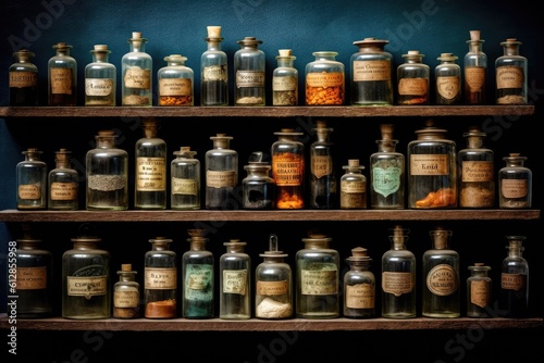 Vintage pharmaceutical bottles and jars on display in a wall Generative AI Illustration