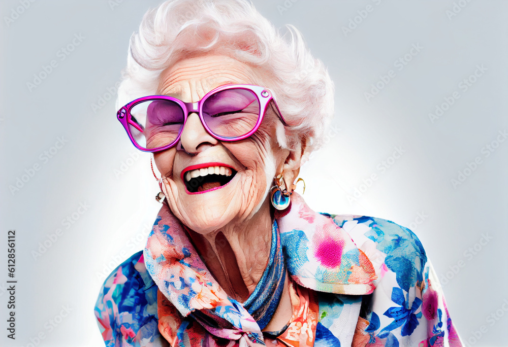 Elderly happy and satisfied woman of about 60-70 years old in fashionable clothes and pink glasses. Portrait on a white background. AI generated.