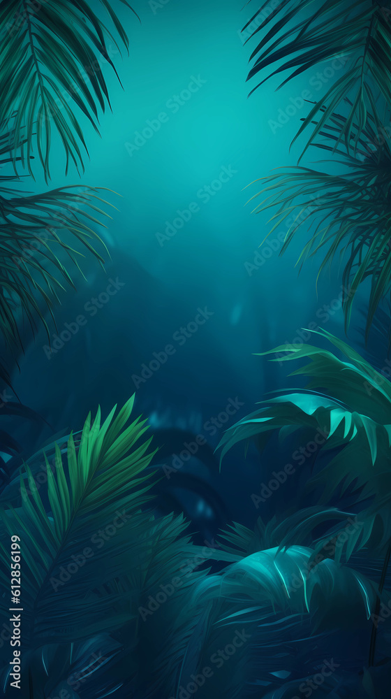 Tropical cerulean moonlight jungle backdrop. Ferns, palms foliage mobile wallpaper with copyspace.