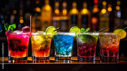 Colorfull cocktails on a bar, dark background,Generative AI