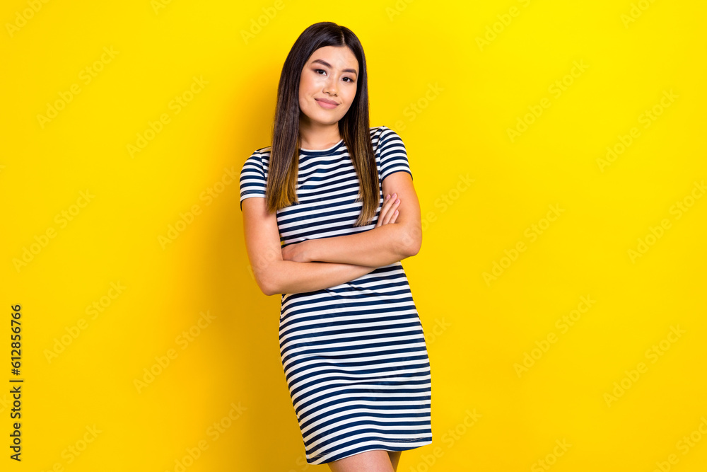Photo of cute lovely stunning lady wear stylish clothes hand crossed enjoy vacation resort abroad isolated on yellow color background Photo of cute lovely stunning lady wear stylish clothes hand crossed enjoy vacation resort abroad isolated on yellow color background