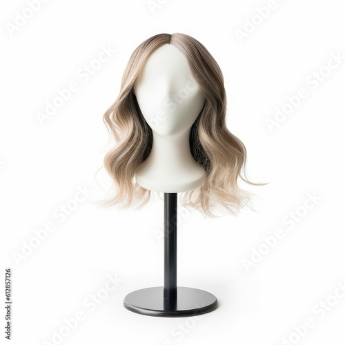 Hair wig over the plastic mannequin head isolated over the white background, mockup featuring contemporary women's hairstyles, Generative AI illustration