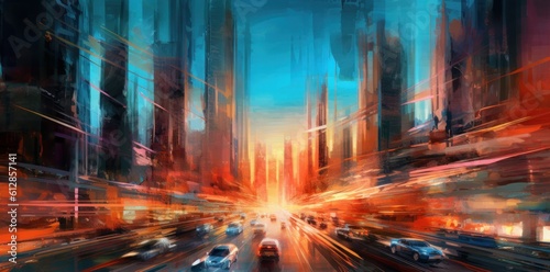 Abstract digital painting of a highway  Traffic in the city at night with motion blur and cityscape. Concept of speed  generative Ai