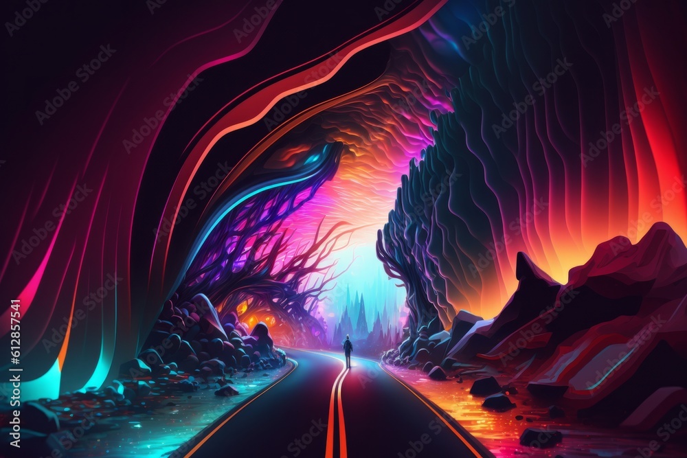 Fantasy landscape with a road and a cave. 3d rendering, generative Ai