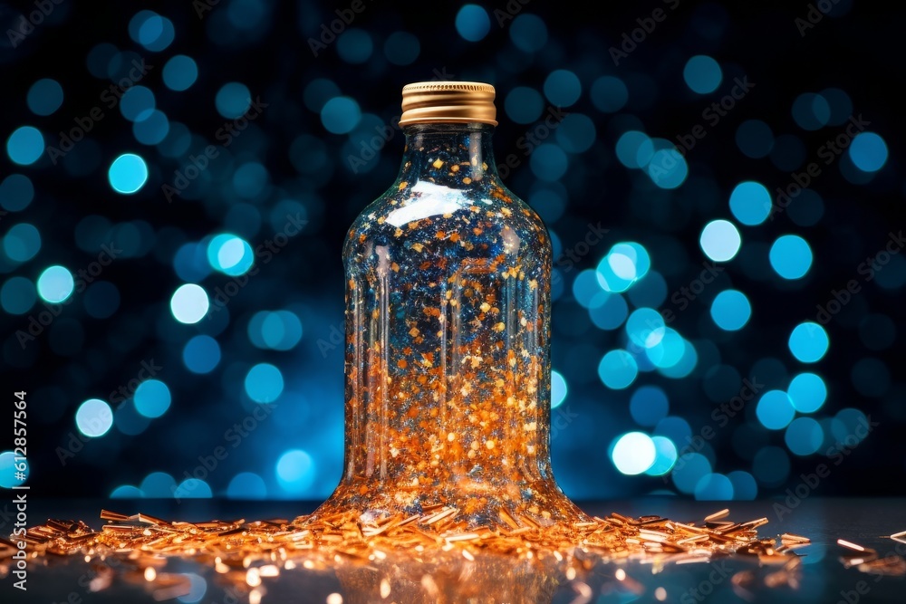 Bottle with golden sparkles on blue bokeh background, generative Ai Bottle with golden sparkles on blue bokeh background, generative Ai
