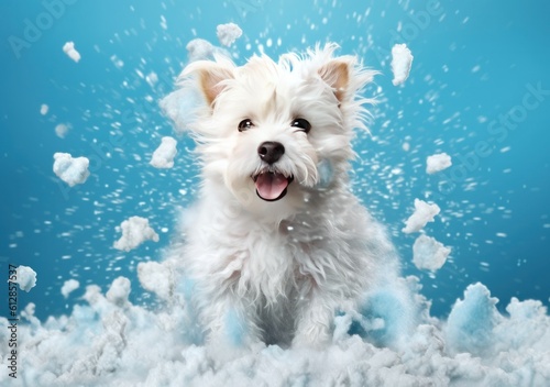 Cute white dog with falling snow on blue background, collage, generative Ai