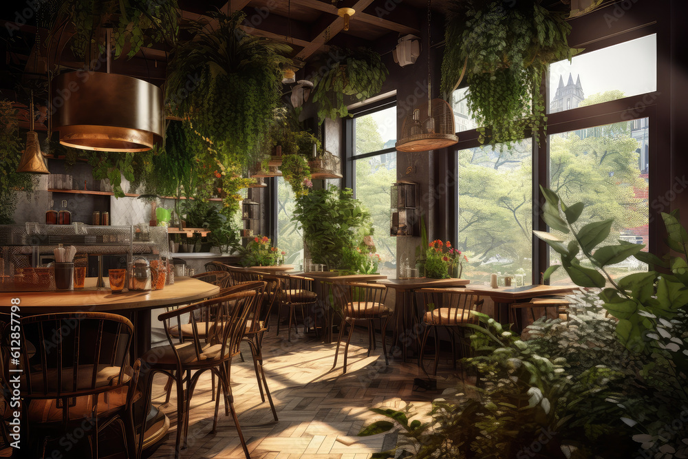 Cafe interior in botanical style with plant. Generative AI