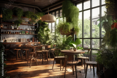 Cafe interior in botanical style with plant. Generative AI