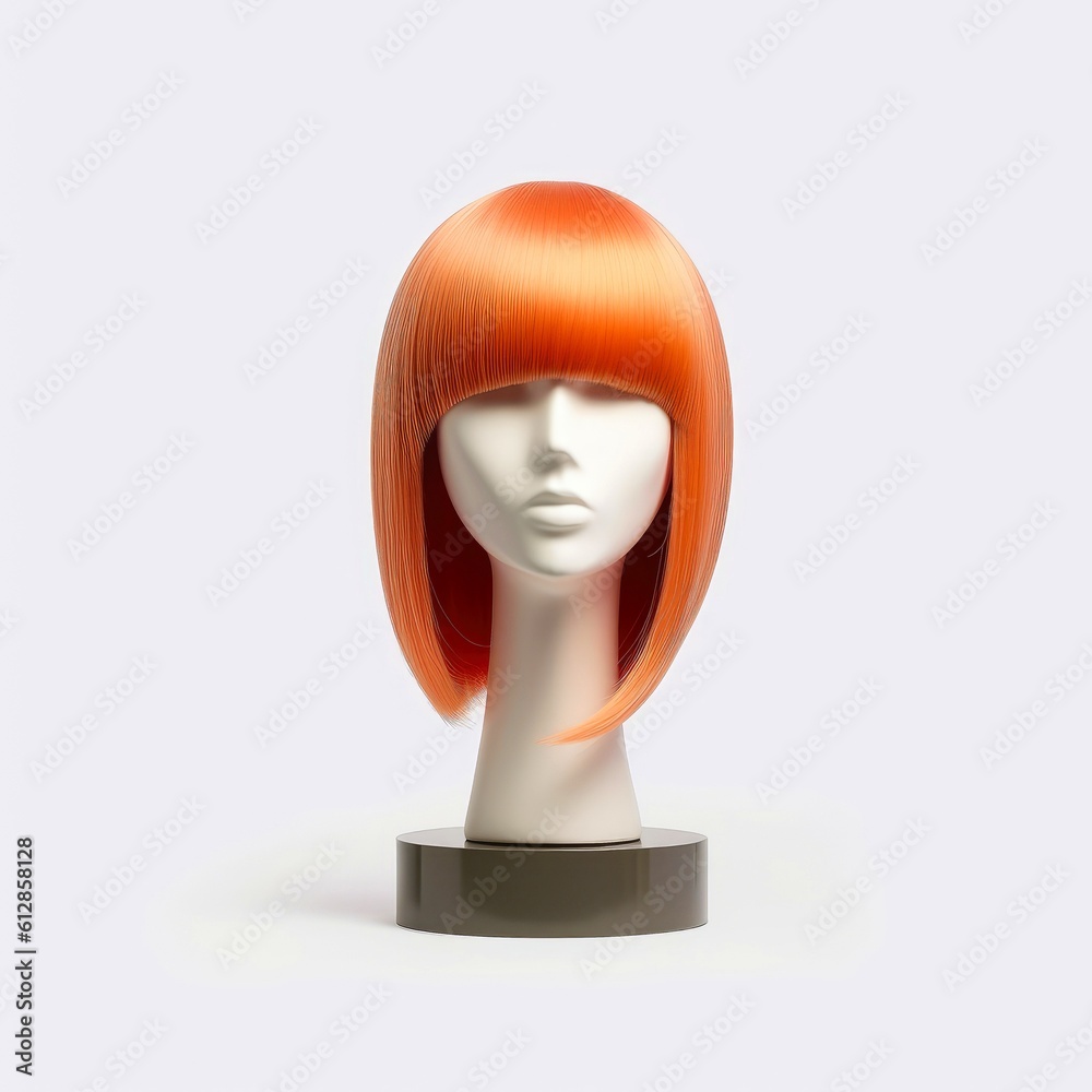Hair wig over the plastic mannequin head isolated over the white background, mockup featuring contemporary women's hairstyles, Generative AI illustration