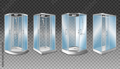 Set of 3d realistic vector shower cabins with transparent glass doors and modern shower system , isolated.