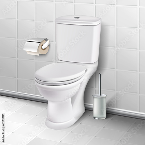 3d realistic vector bathroom tiles interior Illustration. Toilet bowl with toilet paper and toilet brush with holder on the floor.