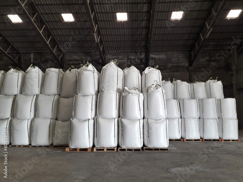 Chemical fertilizer Urea Stock pile jumbo-bag in a warehouse waiting for shipment.