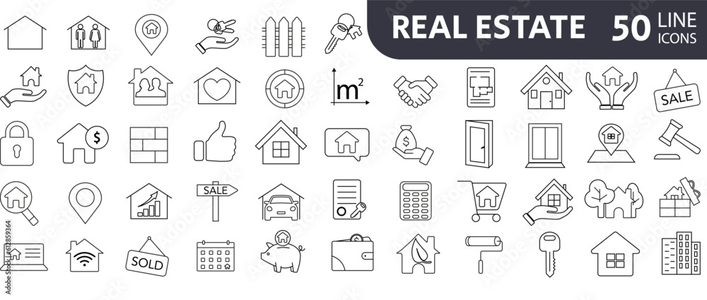 Real Estate minimal thin line web icon set. Included the icons as realty, property, mortgage, home loan and more. Outline icons collection. Simple vector illustration