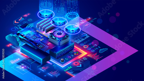 Hardware electronic development concept. Electronic circuit board or motherboard with CPU chip or processor, memory board, GPU, coolers, over computer parts. Upgrade, repair of electronic devices.