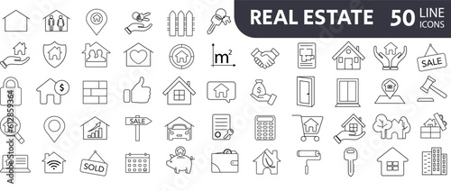 Real Estate minimal thin line web icon set. Included the icons as realty, property, mortgage, home loan and more. Outline icons collection. Simple vector illustration