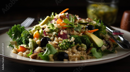 A plate of nutritious quinoa salad with mixed greens, roasted vegetables, and a zesty lemon vinaigrette