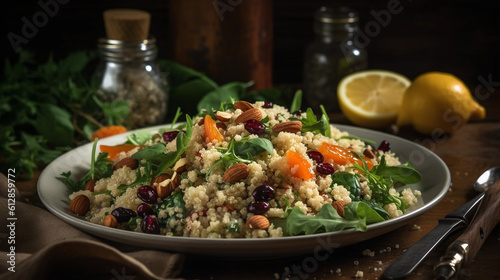 A plate of nutritious quinoa salad with mixed greens  roasted vegetables  and a zesty lemon vinaigrette