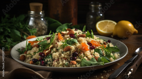 A plate of nutritious quinoa salad with mixed greens, roasted vegetables, and a zesty lemon vinaigrette