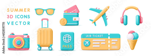 3d set summer icons. Render 3d icons for summer vacation, holiday, travel, journey, tourism, booking, business and time to travel concept. 3d rendering cartoon summer icons minimal vector illustration