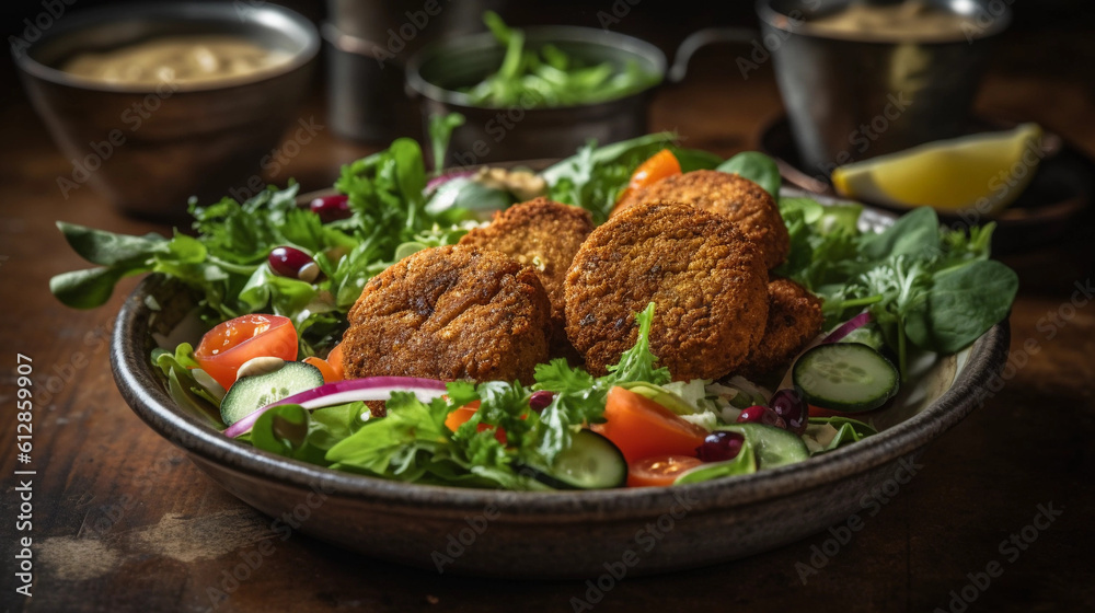 A plate of crispy baked falafel served with a side of hummus and a fresh salad A plate of crispy baked falafel served with a side of hummus and a fresh salad