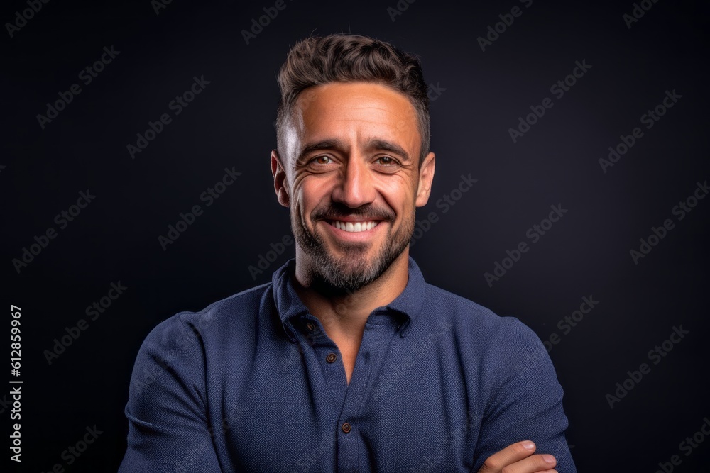 Headshot portrait photography of a satisfied boy in his 30s giving a hug to the camera against a deep indigo background. With generative AI technology