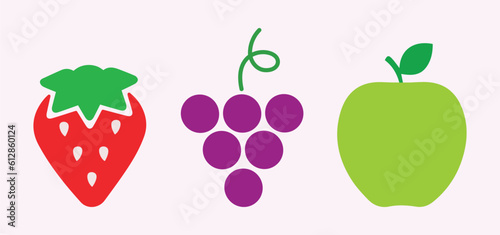 Strawberry, apple, grape berry fruit. Tasty, delicious. Healhy food, sweet, organic, natural, summer. Vector, icon, symbol, illustration