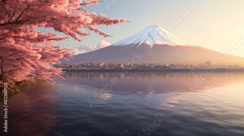 Mount Fuji with cherry blossom at Lake kawaguchiko in japan. Mountain Fuji. Generetive Ai