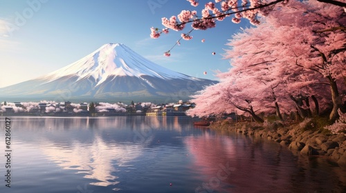 Mount Fuji with cherry blossom at Lake kawaguchiko in japan. Mountain Fuji. Generetive Ai