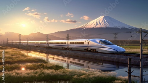 Shinkansen or Bullet train run pass through Mountain Fuji and Shibazakura at spring. Shinkansen in japan. Generetive Ai photo