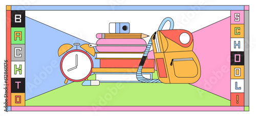 Books or textbooks with school supplies, backpack, pencil and rubber. Concept for back to school, online learning classes and teacher for pupils anouncement vector illustration in trendy collage style