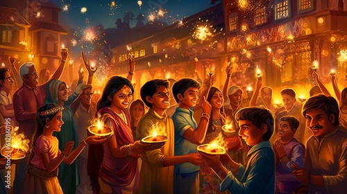 Happy indian family celebrating Diwali festival, Generative Ai