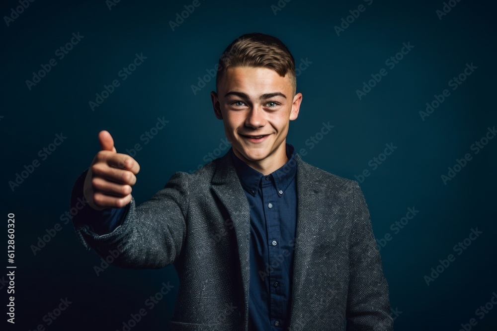 Headshot portrait photography of a satisfied boy in his 20s pointing at oneself against a deep indigo background. With generative AI technology
