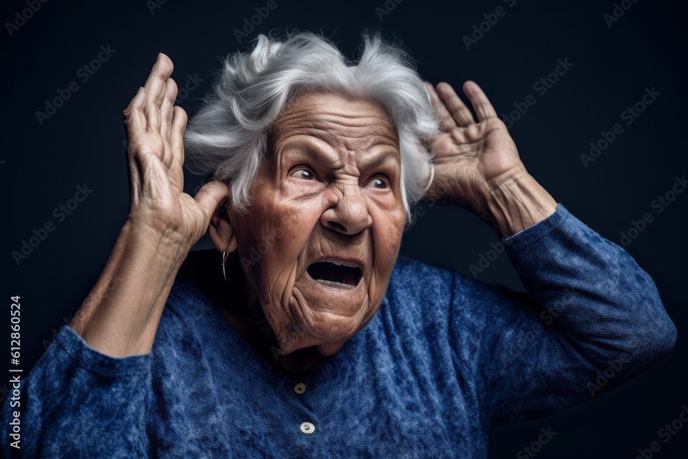 Close-up portrait photography of a satisfied old woman making a i'm listening gesture with the hand on the ear against a deep indigo background. With generative AI technology Close-up portrait photography of a satisfied old woman making a i'm listening gesture with the hand on the ear against a deep indigo background. With generative AI technology