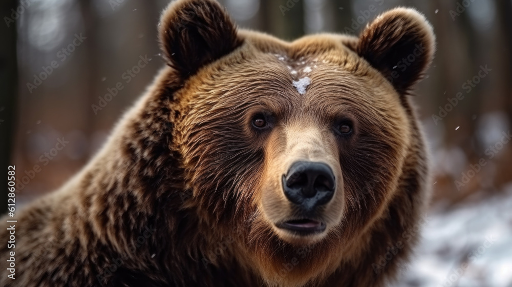portrait of a big brown bear in winter. Generative AI portrait of a big brown bear in winter. Generative AI