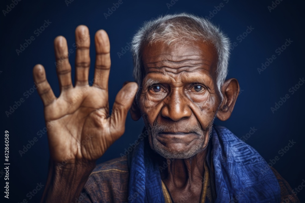 Close-up portrait photography of a tender old man making a no or stop gesture with the extended palm against a deep indigo background. With generative AI technology Close-up portrait photography of a tender old man making a no or stop gesture with the extended palm against a deep indigo background. With generative AI technology