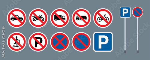 Vector sets of parking bays and no parking sign board guidance. Letter P parking symbol sign for car, vehicle, motorbike, bicycle, scooter and truck. No Parking Allowed, Do Not Park Car. Vector.