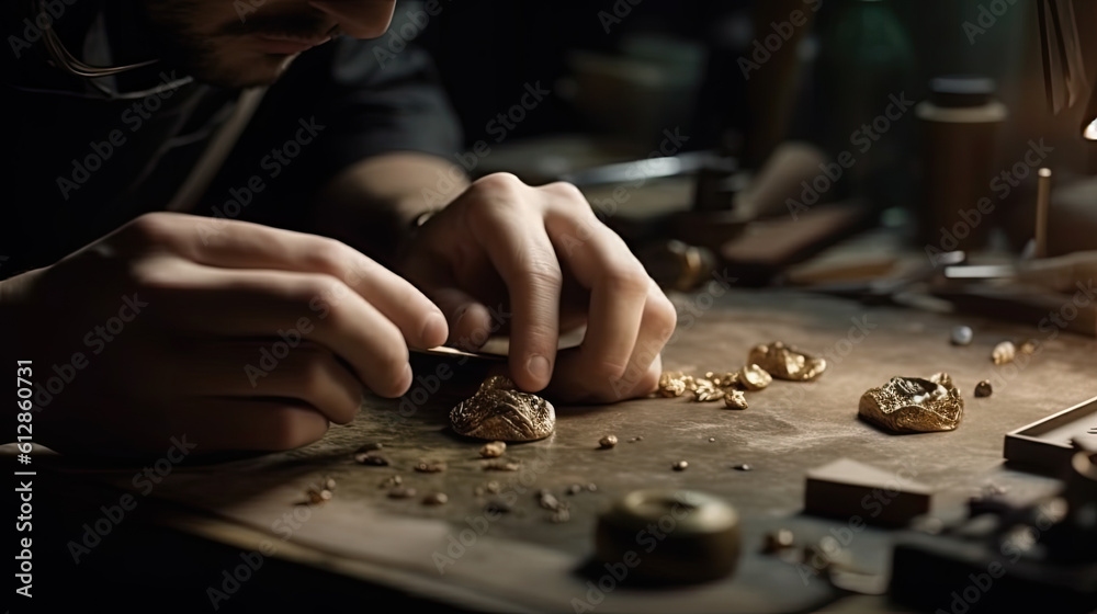 Fototapeta premium a goldsmith or jeweler is working on a piece of jewelry. Generative AI