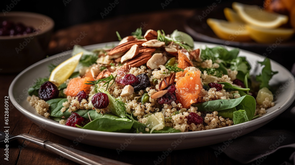 A plate of nutritious quinoa salad with mixed greens, roasted vegetables, and a zesty lemon vinaigrette A plate of nutritious quinoa salad with mixed greens, roasted vegetables, and a zesty lemon vinaigrette