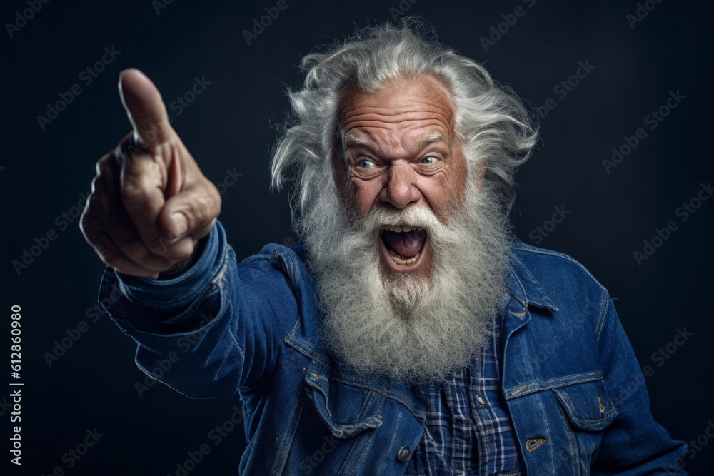 Lifestyle portrait photography of a satisfied old man doing loser gesture mocking against a deep indigo background. With generative AI technology