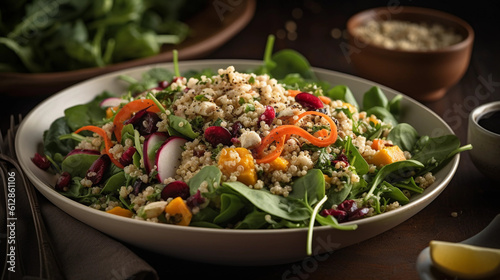 A plate of nutritious quinoa salad with mixed greens, roasted vegetables, and a zesty lemon vinaigrette