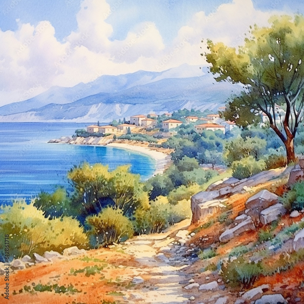 Mediterranean landscape image in watercolor. Landscape with mountains and ocean. Beautifully built houses facing the sea or low land.