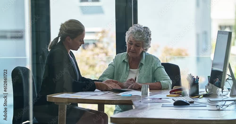 Insurance, senior and woman sign a contract for retirement or planning financial service with a consultant in an agency. Finance, agreement and businesswoman in discussion with a elderly client