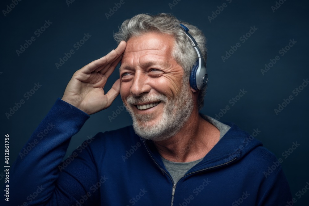Medium shot portrait photography of a joyful mature man making a i'm listening gesture with the hand on the ear against a navy blue background. With generative AI technology Medium shot portrait photography of a joyful mature man making a i'm listening gesture with the hand on the ear against a navy blue background. With generative AI technology