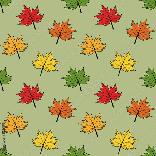 Autumn leaves seamless pattern. Vector illustration. Multicolored leaves on a green background.