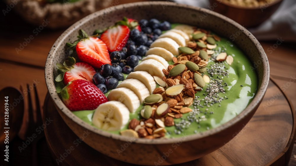 A close-up of a green smoothie bowl topped with sliced fruits, nuts, and seeds A close-up of a green smoothie bowl topped with sliced fruits, nuts, and seeds
