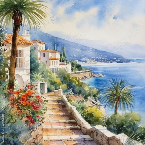 Mediterranean landscape image in watercolor. Landscape with mountains and ocean. Beautifully built houses facing the sea or low land.