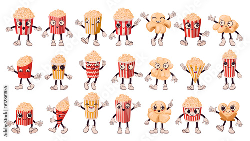 Cartoon popcorn characters. Popping corn funny mascots with emotions, eyes and mouths flat vector illustration set. Cute popcorn emojis with hands and legs