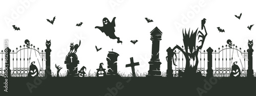 Halloween creepy border. Spooky cemetery silhouettes, halloween decoration with scary trees and gravestones flat vector illustration